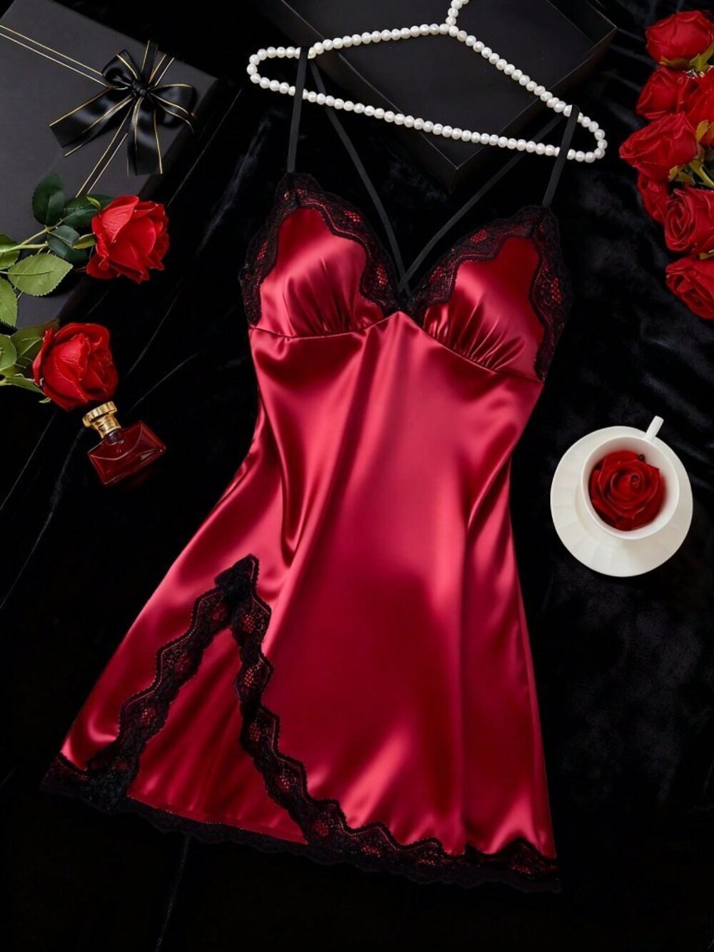 Burgundy Women's satin lace detailed Nightgown